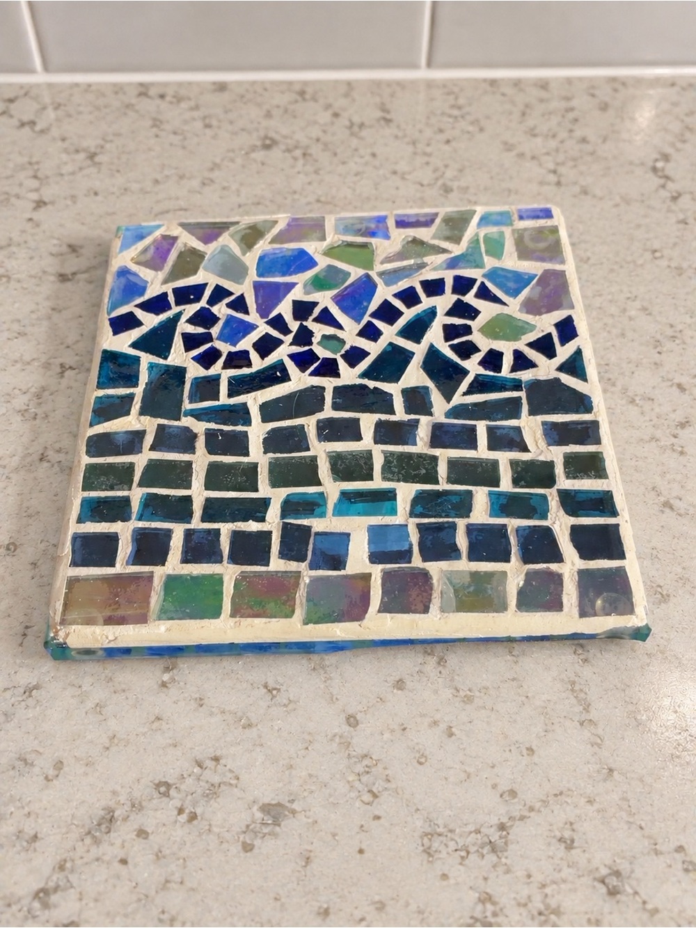 White Barn Blue Mosaic Glass Candle Plate Trivet 6”